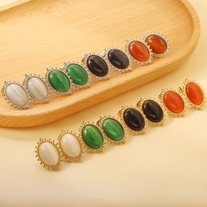 French Vintage Oval Cat's Eye Stone Stud Earrings Stainless Steel Milgrain Beaded Edge Geometric Jewelry Women