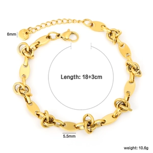 Detailed specs of gold stainless steel link chain bracelet showing 18+3cm length and 5.5mm width