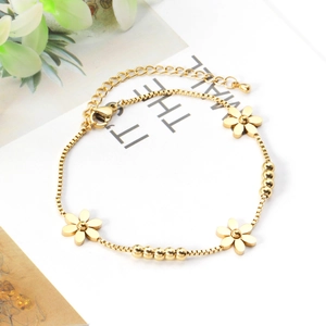 Bracciale Con Ciondoli A Fiori Acciaio Inossidabile Placcato Oro 14K Perline Catena Regolabile Gioielli Eleganti Donna