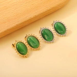 Vintage oval stud earrings with green cat-eye stone and beaded stainless steel trim