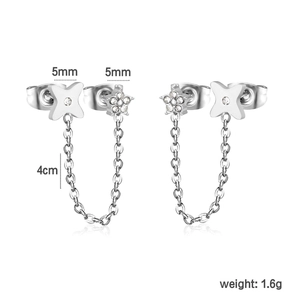 Silver stainless steel double piercing earrings with star flower studs and tassel chain