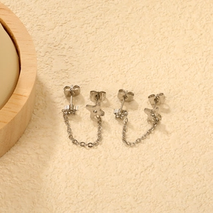Stainless steel double stud earrings with star, flower charm and tassel chain link