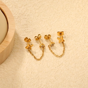 Stainless Steel Double Piercing Stud Earrings Rhinestone Star Flower Chain Tassel Link Korean Style Jewelry For Women