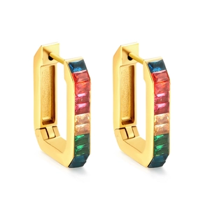 Gold rectangular hoop earrings with colorful rainbow stones in a geometric design