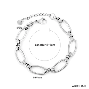 Detail of silver stainless steel oval link bracelet with dimensions and lobster clasp