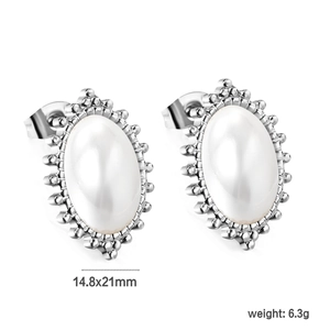 Detail view of oval white cat eye stud earrings with dimensions 14.8x21mm and 6.3g weight