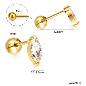 Marquise-cut white zircon stud earrings in gold-tone steel with ball screw back design
