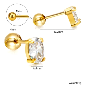 Detailed specs of oval zircon stud earrings in 18K gold with 4mm screw-back ball