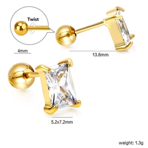 Gold stainless steel stud earrings with rectangle cut white cubic zirconia and twist ball backs