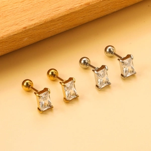 Minimalist rectangular zircon stud earrings with screw back in gold and silver finish