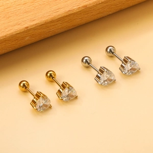 Three-prong heart zirconia earrings set in silver and gold with screw back closure