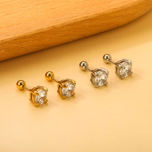 Set of gold and silver stainless steel screw back stud earrings with 4-prong round zircon