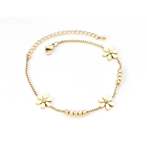 Elegante bracciale in acciaio inossidabile placcato oro 14K con fiori e perline lucide