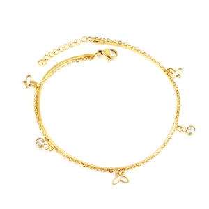 Double-layered gold stainless steel anklet with hollow butterfly charms and round zircons