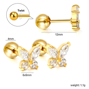 Butterfly 18K gold stainless steel stud earrings with white zircon and twist ball back