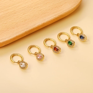 Gold-plated hoop earrings set with five colorful oval gemstones and zircon accents