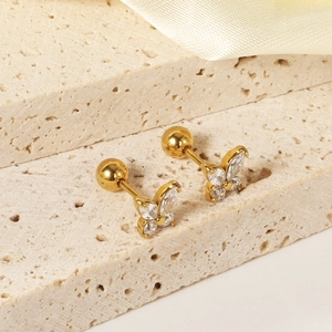 18K gold plated butterfly stud earrings with white cubic zirconia and screw ball back