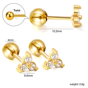 Triangle stud earrings with three white zircons and screw ball back in 18K gold plated steel