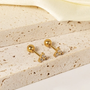 Golden geometric triangle stud earrings with white zircons and screw back design