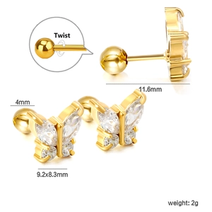 Detailed view of gold butterfly stud earring with clear zircon and screw back closure
