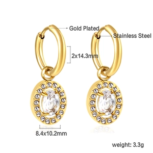 Detail of gold-plated hoop earrings with oval zircon pendant and dimension markings