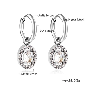 Detail of silver stainless steel hoop earrings with oval crystal drop and weight specs
