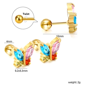 Detail of gold butterfly stud earrings with colorful crystals and twist ball screw back