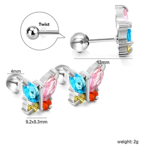 Detail of butterfly stud earring with colorful gems and twist screw ball backing