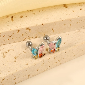 Elegant stainless steel butterfly stud earrings with colorful faceted gemstones