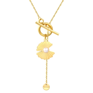 18K gold plated stainless steel necklace with fan-shaped shell pendant and pearl