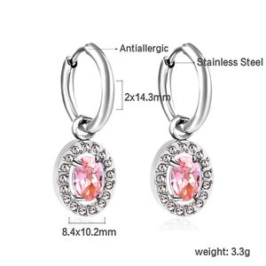 Detail of pink oval stone earrings with measurements and stainless steel material