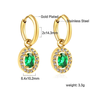 Detail of 18K gold plated stainless steel hoop earrings with green oval crystal pendant