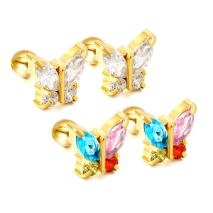 Golden butterfly stud earrings set with colorful crystals and secure screw back closure