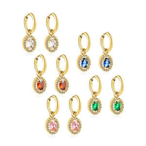 Vintage gold hoop earrings set with oval gemstones and diamond accents on white backdrop
