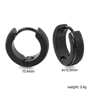 Classic black stainless steel hoop earrings with frosted glitter finish and hinge clasp