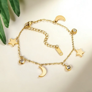 Bracciale Con Stella E Luna In Acciaio Inossidabile Placcato Oro 14K Zirconi Doppio Strato Regolabile Per Donna