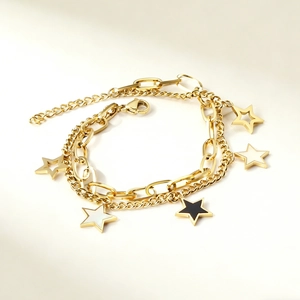 Bracciale a doppio strato in acciaio inossidabile placcato oro 14K con ciondoli a stella