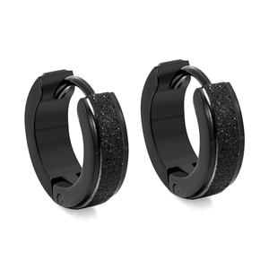 Classic black stainless steel hoop earrings with sparkling glitter frosted finish for women