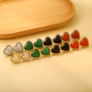 Boucles D'oreilles Puces Cœur Vintage Acier Inoxydable Bord Perlé Pierre Œil De Chat Bijoux Rétro Femme