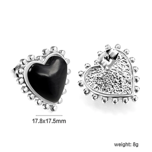 Détails des boucles d'oreilles cœur avec pierre noire, bord perlé et dimensions