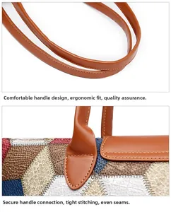 Detalle de asas ergonómicas con costuras blancas en un bolso tipo tote de patchwork