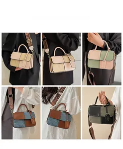Detail shots of small square bag featuring color-block design and wide jacquard strap