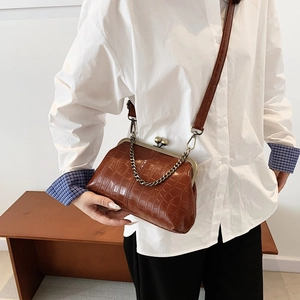 Brown crocodile embossed vintage shell bag with gold chain strap and metal clasp closure
