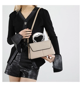 Detail of beige crossbody bag showing woven texture flap and silver metal handle