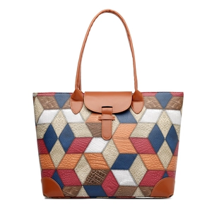 Bolso Tote de Gran Capacidad para Mujer Patchwork Geométrico 3D Cuero de PU Bolso de Hombro Retro Occidental para Viaje Diario y Trabajo