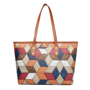 Bolso tote para mujer con diseño de patchwork geométrico 3D colorido y asas de cuero