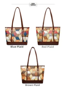 Detail view of large patchwork tote bags in blue, red, and brown textured faux leather