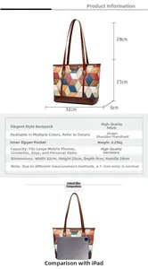 Detailed size specifications and interior features of the geometric patchwork tote bag