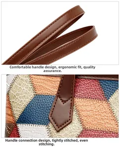 Macro view of ergonomic leather handle and reinforced stitching on patchwork tote bag