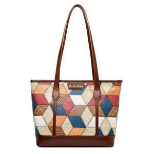 Fashion Women PU Leather Tote Bag Geometric Patchwork Large Capacity Shoulder Bag Colorful Geometric Cube Design Casual